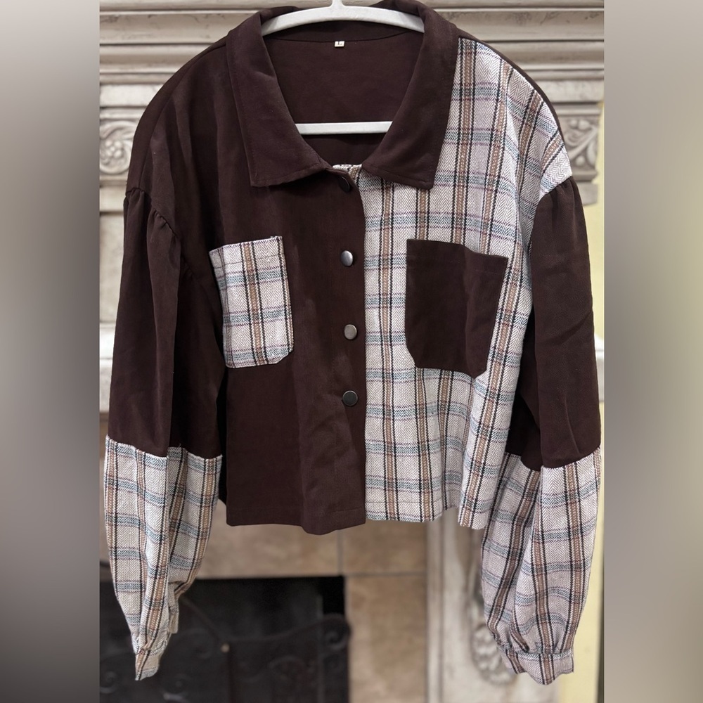 Brown & Plaid Split Patchwork Quilted Style Cropped Shacket Shirt Size Large